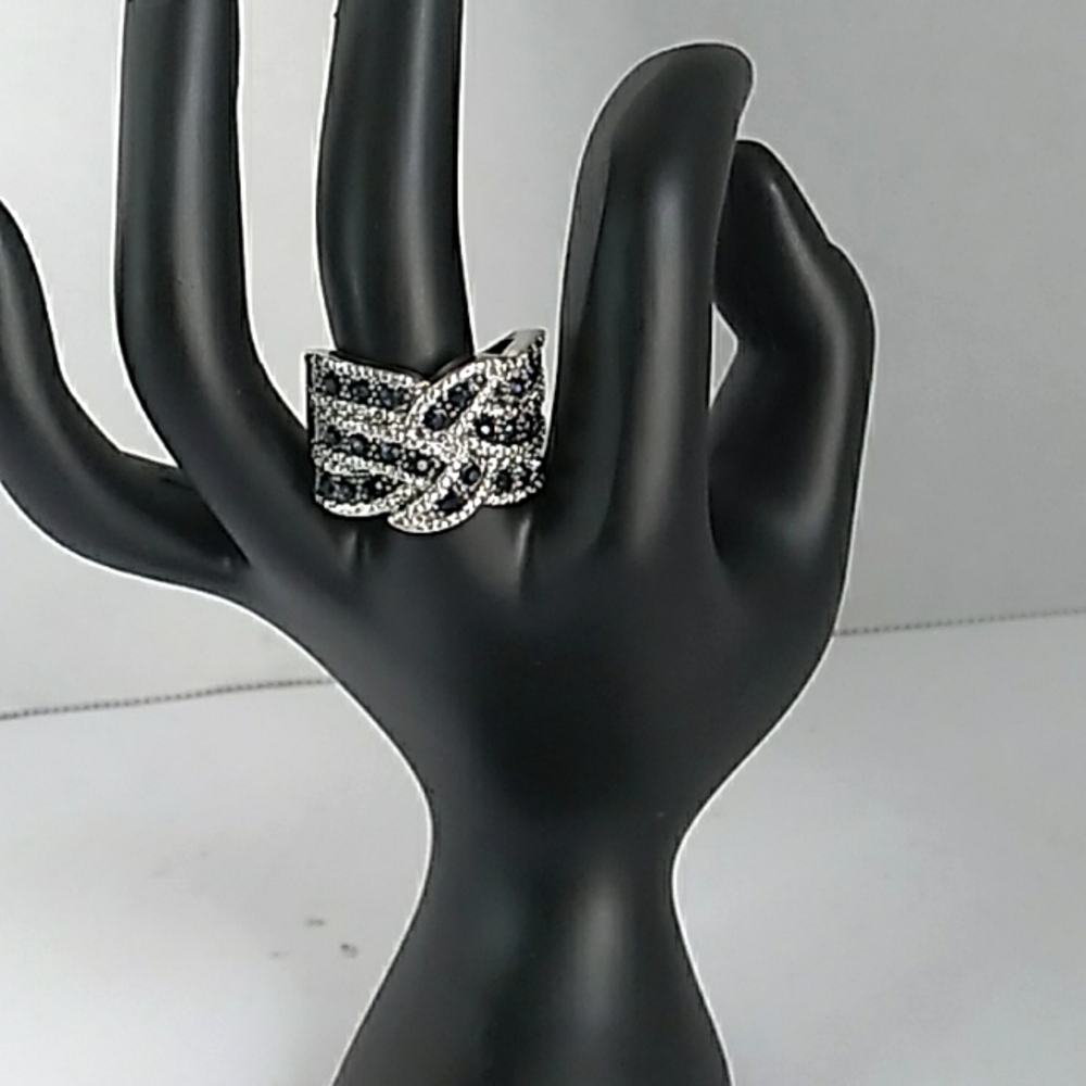 Statement Ring Black Rhinestone‎ Cocktail Party Wide Band Silver Tone